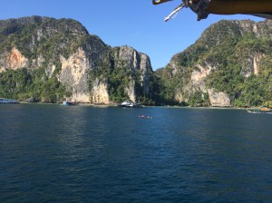 On the ferry arriving to Tonsai Bay, Koh Phi Phi Don, Krabi, Thailand 